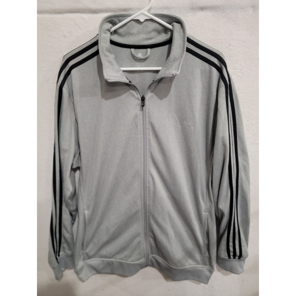 adidas Mens XL Track Jacket Grey Heathered Fleece Lined Black 3 Stripe Full Zip